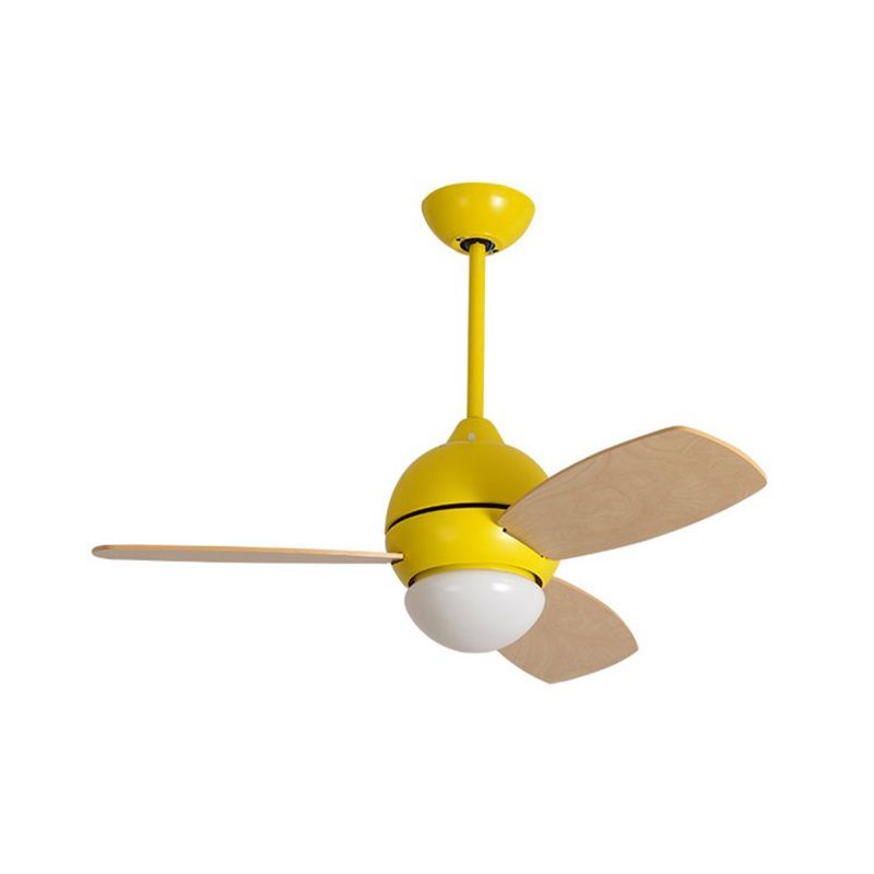 Modernist Bowl Metal Fan Light LED Semi-Flush Mount in Pink/Yellow/Green with 3 Wood Blades for Living Room, 34" Width