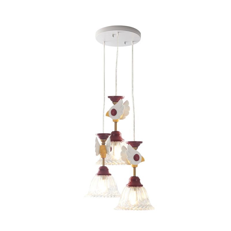 Cartoon Flared Cluster Pendant Clear Glass 3 Lights Bedroom Ceiling Suspension Lamp in Red with Globe/Bird Design