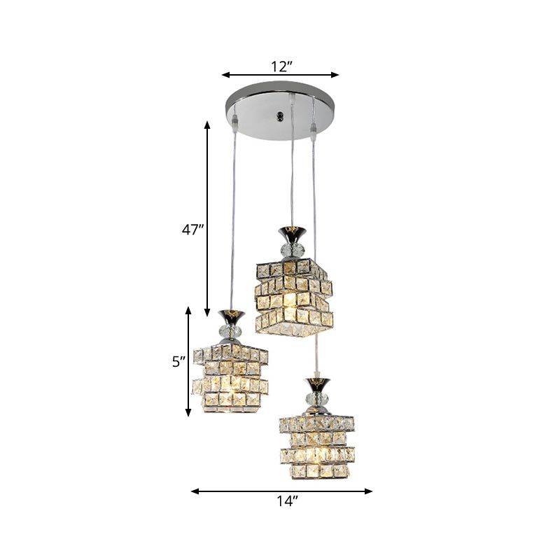 4 couches Crystal Block Pendant lampe de lampe simple Finition argentée simple Light Multi-plafond