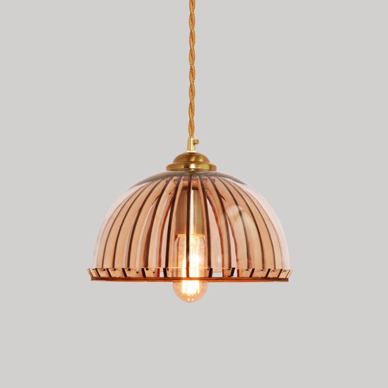 Capsule/Dome Dining Room Hanging Lamp Industrial Amber Glass Single Bulb Gold Suspension Light with Stranded Rope