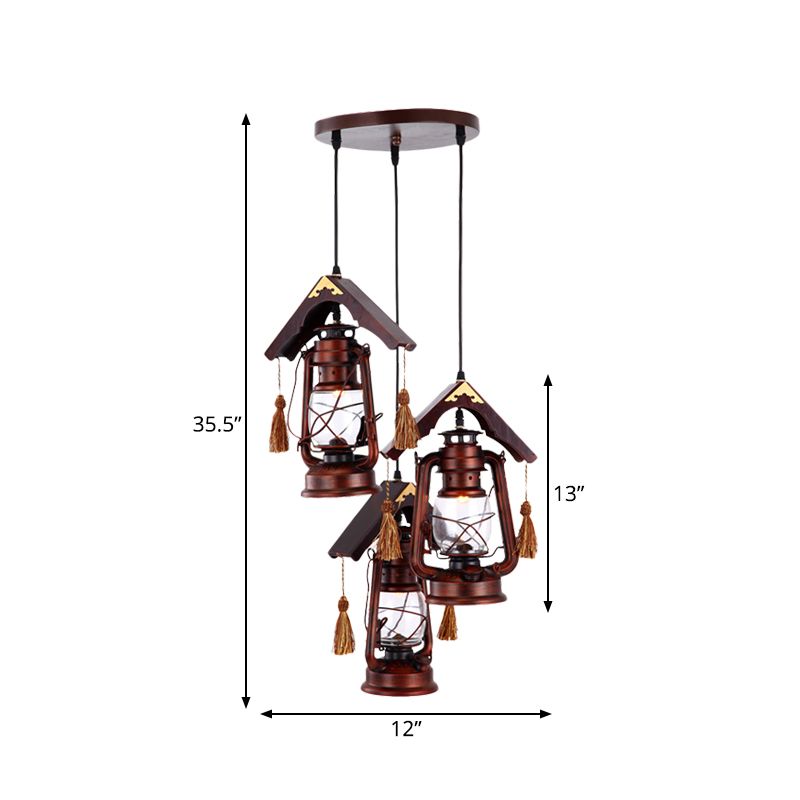 3 Lights Clear Glass Ceiling Pendant Retro Copper Kerosene Dining Room Hanging Lighting with Wood Roof Deco