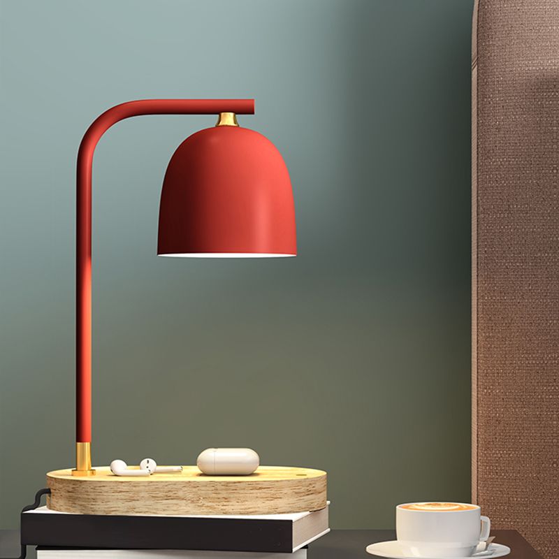 Minimalist 1 Head Nightstand Light Black/White/Red Finish Dome Wooden Night Lamp with Metallic Shade