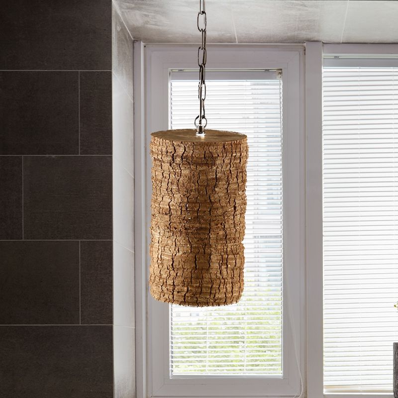 1 Light Cylinder Hanging Light Kit Industrial Brown Resin Pendant Ceiling Lamp with Timber Pile Design