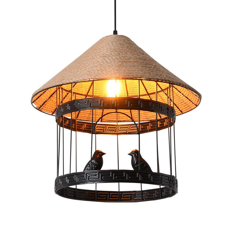 Metallic Black Hanging Lamp Bird Cage Single Bulb Antique Drop Pendant with Conical Rope Shade