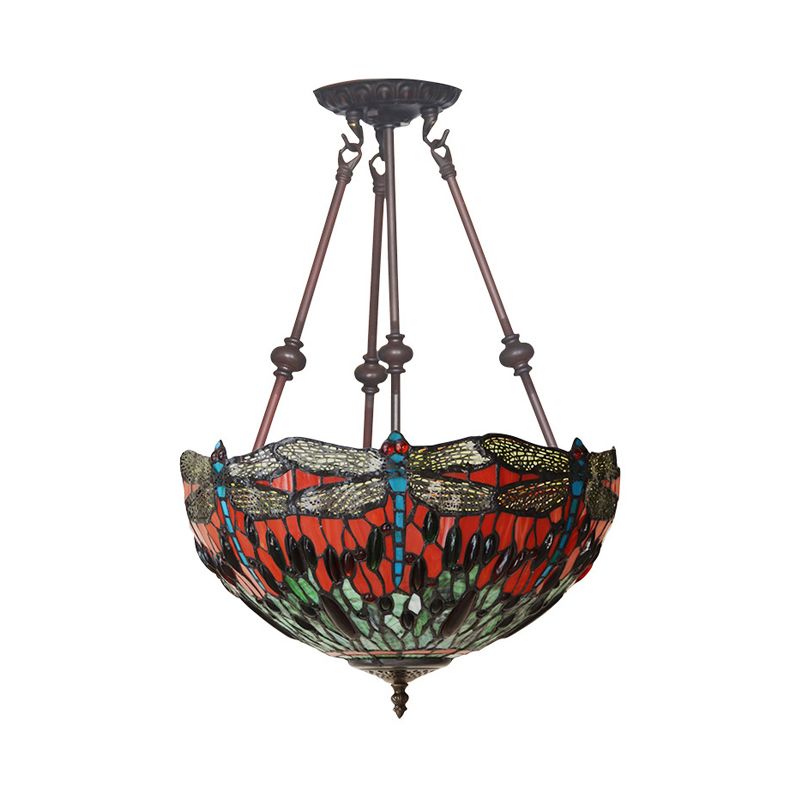 Dragonfly Red/Orange Cut Glass Semi Flush Mount Tiffany Style 2 Lights Bronze Ceiling Fixture for Living Room