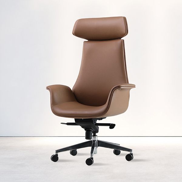 Contemporary Arm Chair Fixed Arms Adjustable Seat Height Brown Leather Office Chair