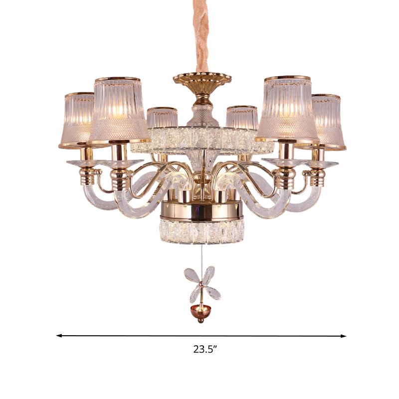 Empire Shape Ridge Glass Hanging Light Fixture Minimalist 6 Heads Gold Chandelier Lamp