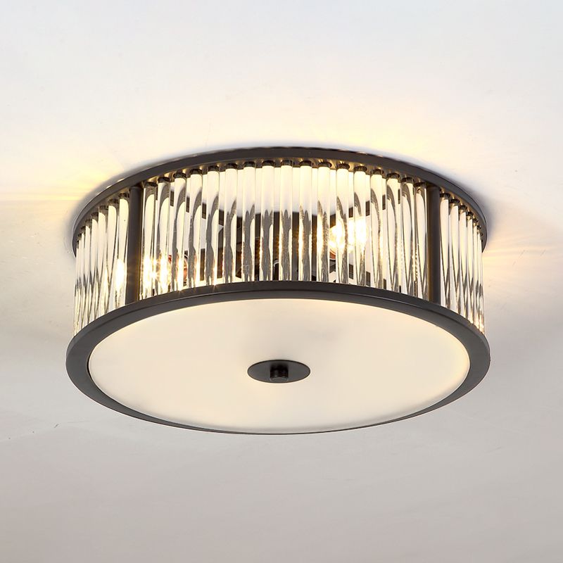 12"/16" Wide Modern 3/4 Bulbs Flush Mount with Clear Crystal Shade Black/Gold Drum Close to Ceiling Lighting