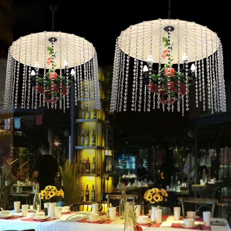 Umbrella Shade Ceiling Light Industrial Crystal Strand 5 Lights White Chandelier Light for Restaurant