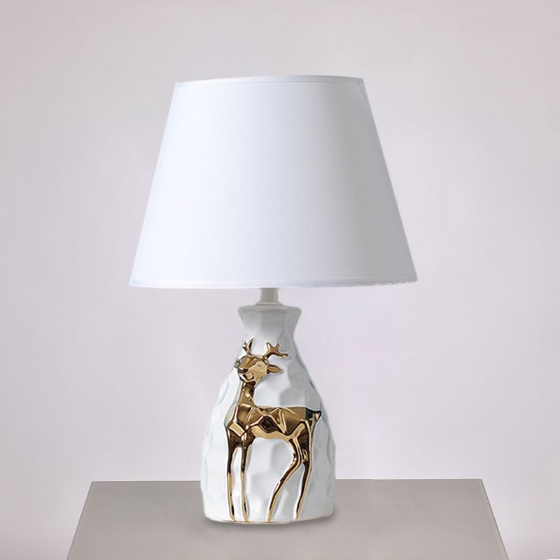 1-Bulb Tapered Desk Light Countryside White Fabric Night Table Lamp with Deer Vase Base, 11"/14"/15" Wide