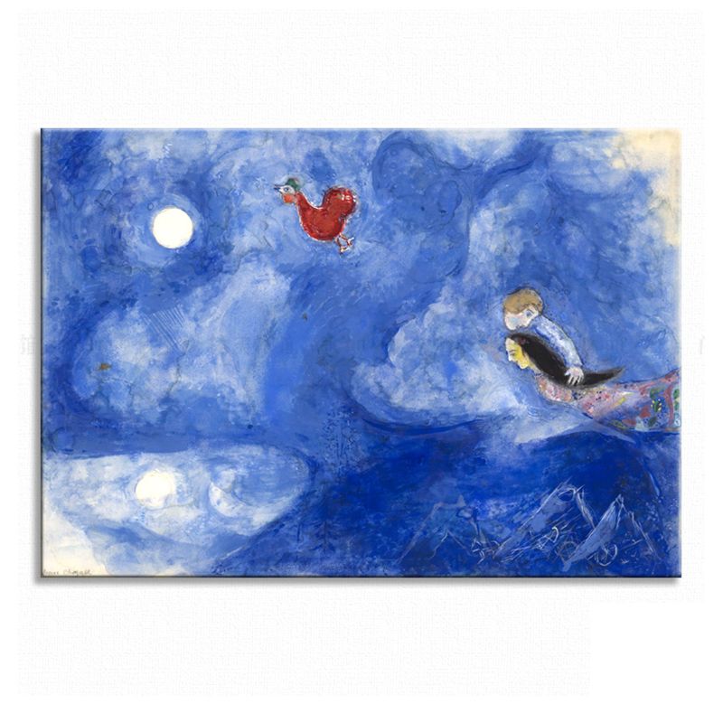 Lovers in the Moonlight Painting Country Canvas Textured Wall Decor in Blue for Living Room