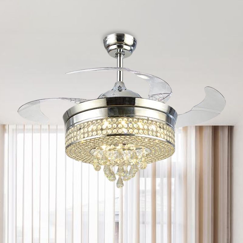 42.5" Wide Minimalist Round Fan Light 3-Blade LED Crystal Semi Flush Mount Ceiling Fixture with Cone Drops in Chrome