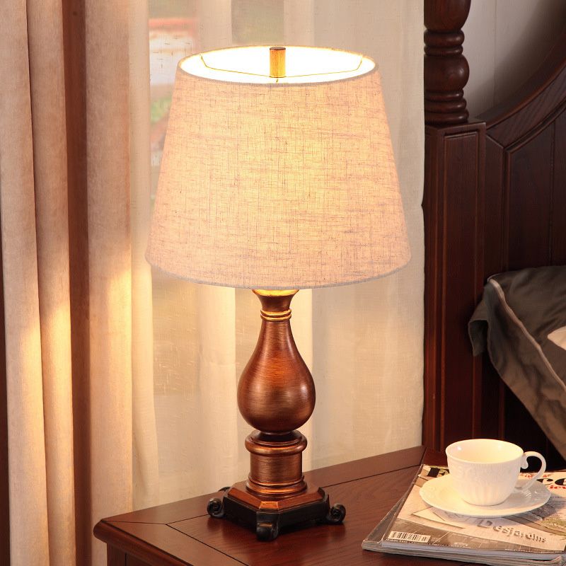 1-Head Night Lamp Vintage Tapered Fabric Table Lighting in Brown with Resin Vase Base