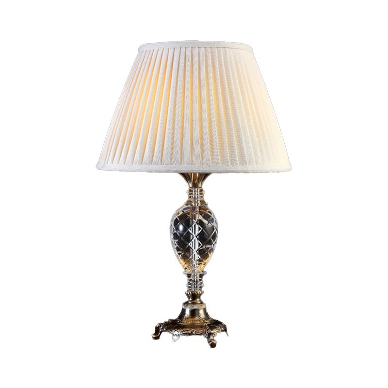 Cream Gray Pleated Table Light Modern 1 Bulb Fabric Desk Lamp, Bronze Carved Metal Base