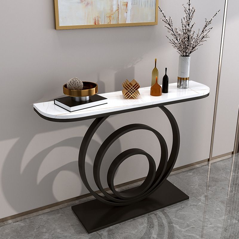 Marble Half Moon Console Table with Iron Pedestal Base Accent Table