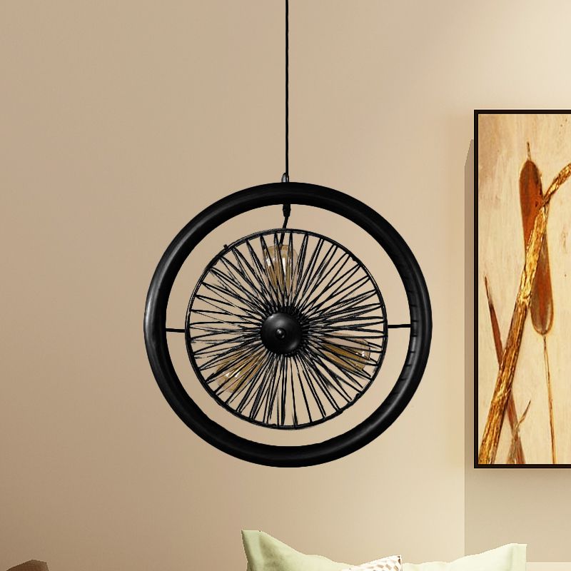 Brass/Black Finish Circle Cage Light Fixture Farmhouse Metal 3 Lights Kitchen Hanging Lamp with Fan Design