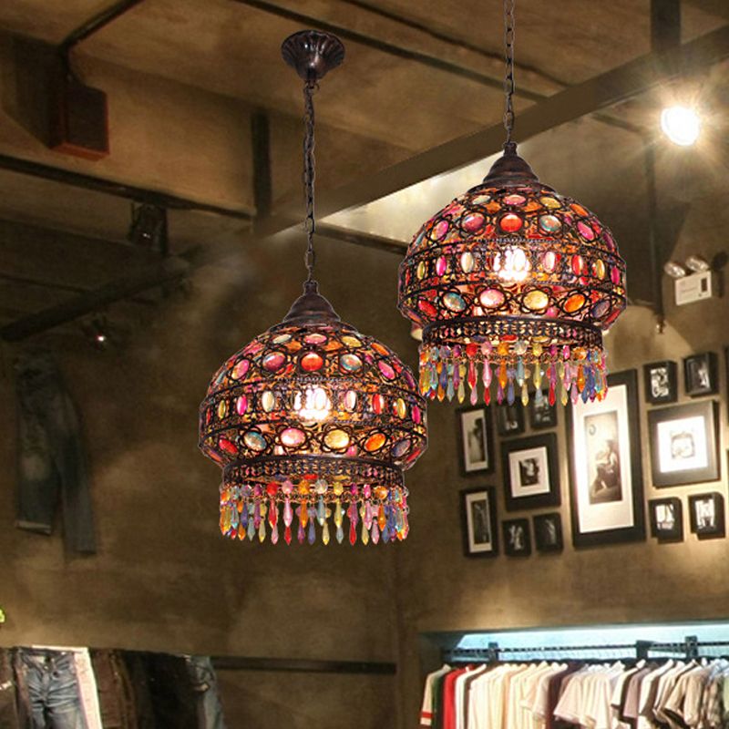 Bohemian Dome/Cylinder Pendulum Light Single-Bulb Stained Glass Ceiling Suspension Lamp in Copper with Fringe