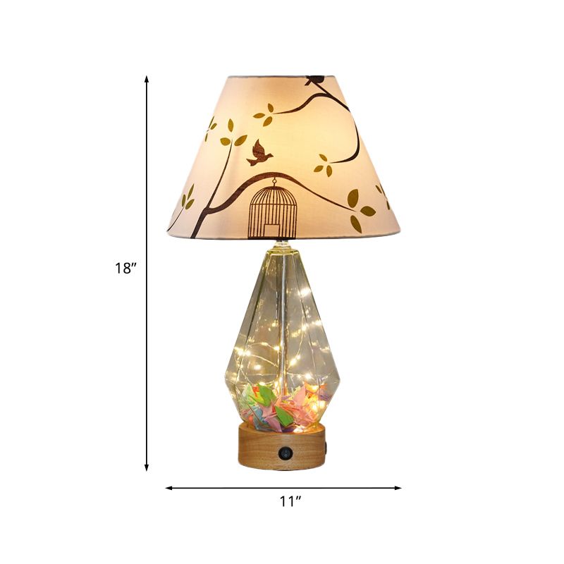 Clear Glass Urn/Diamond Night Lamp Contemporary 1-Bulb Bedroom Table Light with Cone Printing Fabric Shade