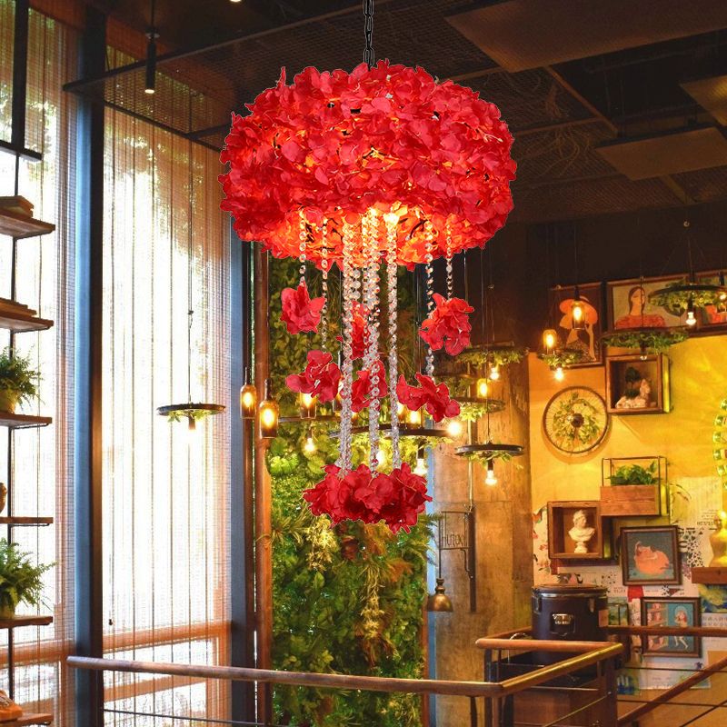 Round Cage Restaurant Chandelier Vintage Iron 4-Bulb Red Flower Ceiling Hang Fixture with Crystal Bead