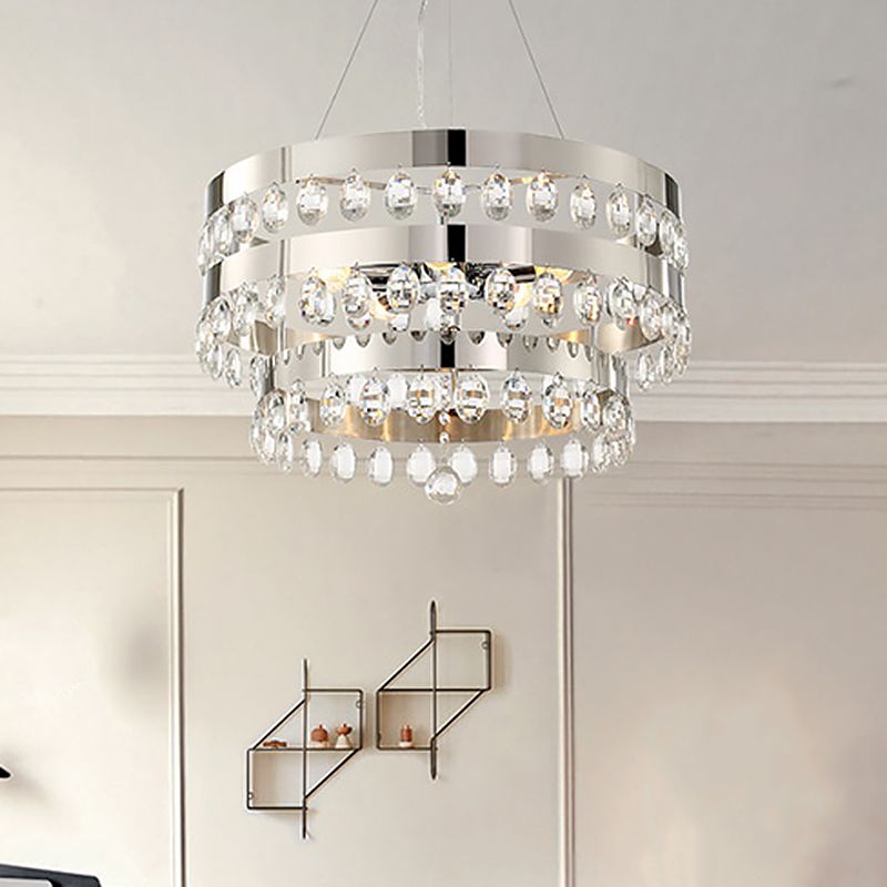 Crystal Multi-Layer Suspension Lamp Contemporary 5 Lights Silver Chandelier Pendant for Living Room