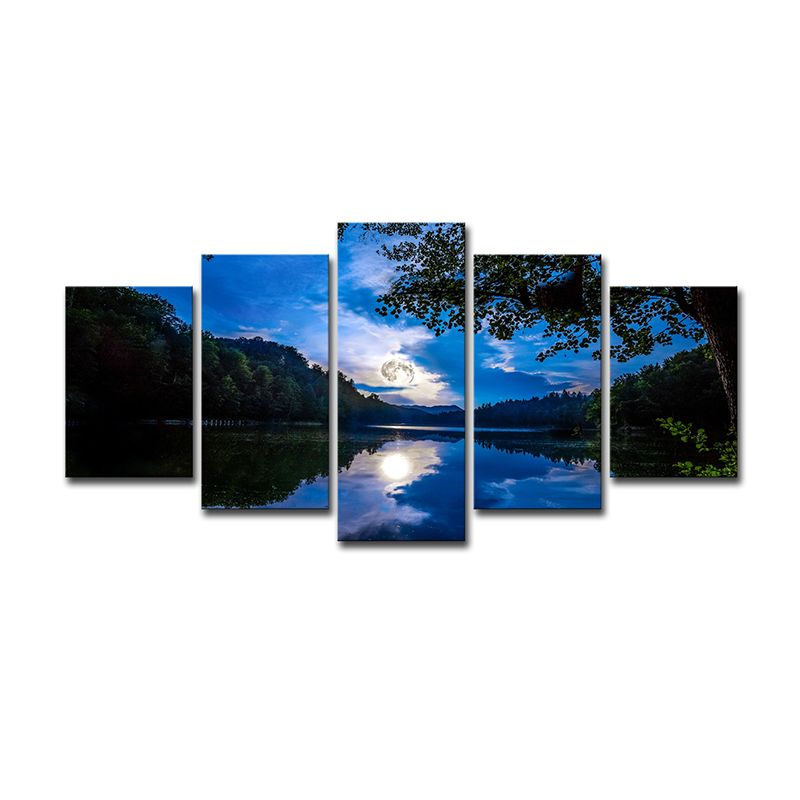 Rustic Night Scenery Wall Art Blue Lake Reflection of Moon and Forest Canvas Print