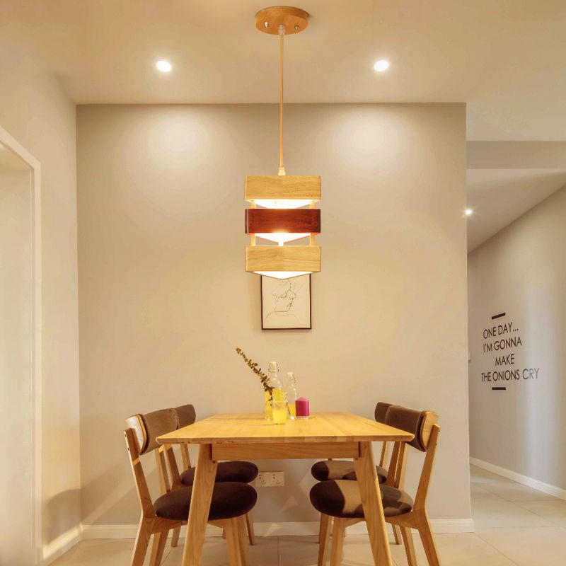 Asian 1 Head Ceiling Lamp Beige Triangular Suspension Pendant Light with Wood Shade