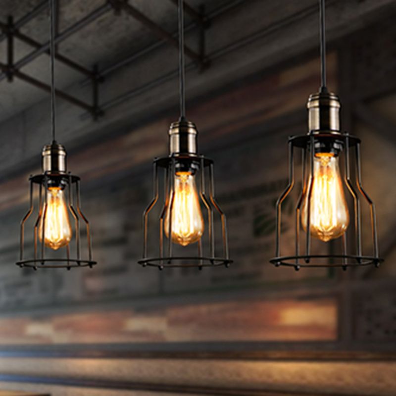 Retro Industrial Style Decorative Hanging Lamp Single Light Black Wrought Iron Frame Pendant Light for Restaurant Bar