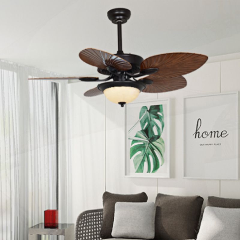 42" W LED Dome Semi Flush Light Fixture Vintage Black White Glass Ceiling Pendant Fan Lamp with 5 Leaf Shape Wood Blades, Wall/Remote Control