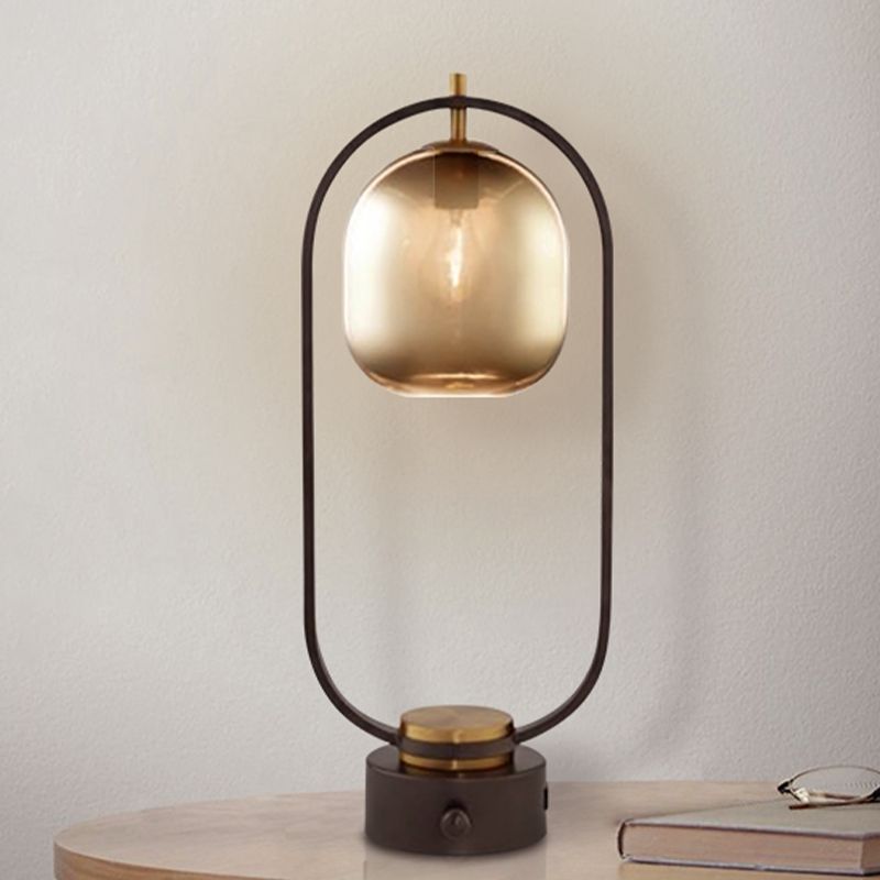 Oval Ring Metal Night Table Light Modern 1 Head Black LED Nightstand Lamp with Amber Glass Shade