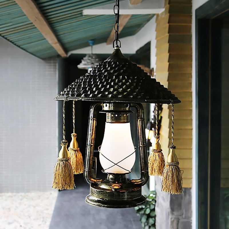 Coastal Style Lantern Shaped Pendulum Light 1-Bulb Metal Hanging Pendant Lamp in Bronze