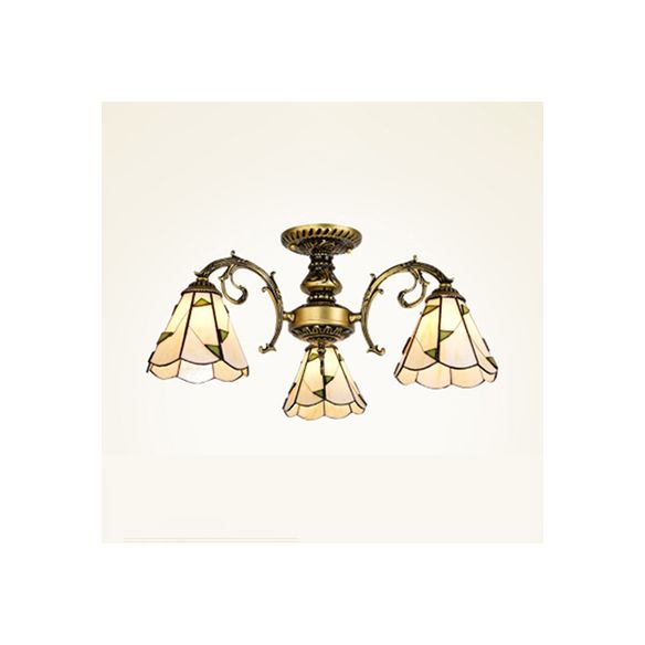 Traditional Leaf Semi Flushmount Beige Glass Shade 3 Light Semi Flush Lamp in White/Antique Brass for Dining Room