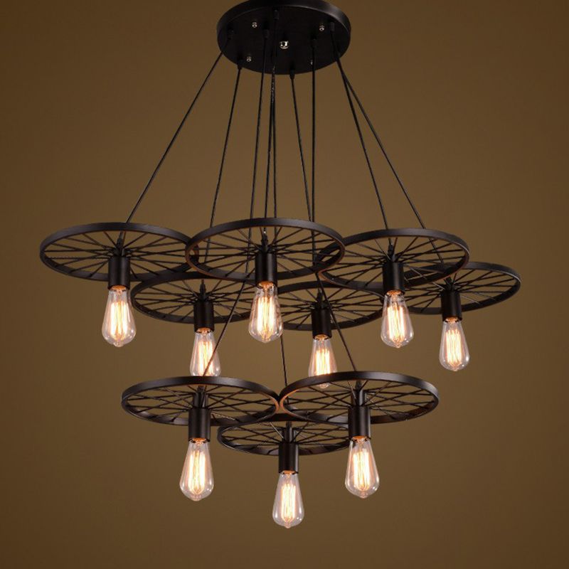 Loft Style Wagon Wheel Chandelier Cast Iron Suspension Pendant Light for Dining Room