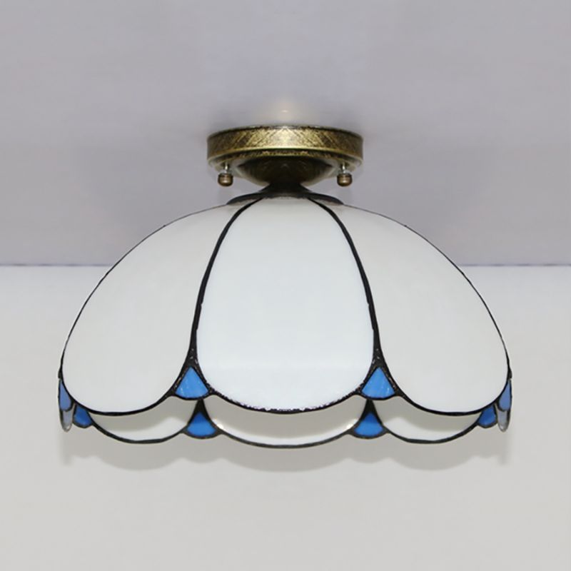 Vintage Scalloped Flush Light Stained Glass 1 Light Flush Mount Light in White/Beige/Blue/Clear/Blue and Clear for Living Room