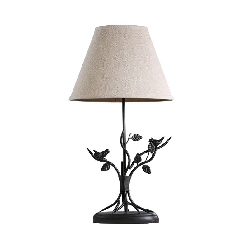 Tapered Fabric Table Light Vintage 1 Head Living Room Nightstand Lighting in White with Branch Design