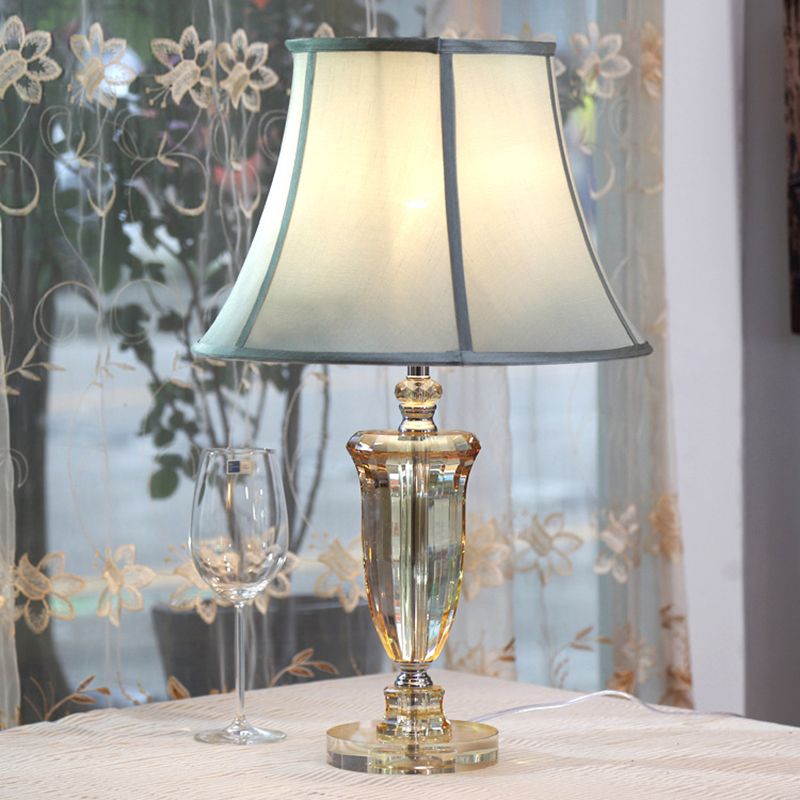 Fabric Beige Table Light Bell Single Light Simple Nightstand Lamp with Crystal Base