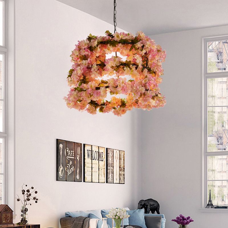 Cylinder Cage Restaurant Pendant Chandelier Warehouse 5 Lights Black Flower Hanging Ceiling Light