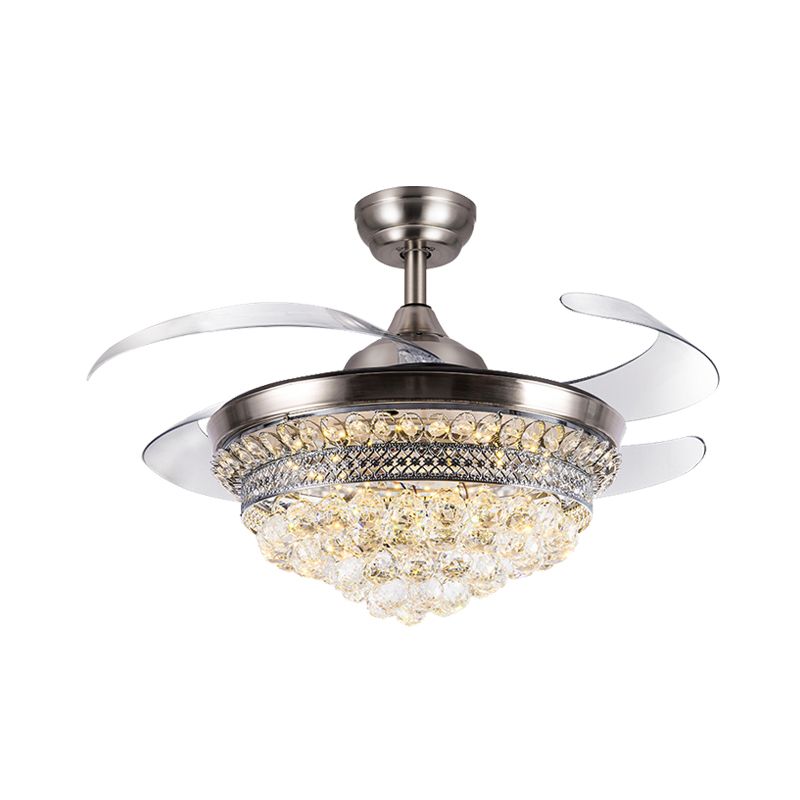 19.5" W LED 4-Blade Crystal Pendant Fan Lighting Modernist Silver Cone Living Room Semi Flush