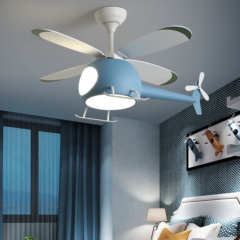 Acrylic LED Hanging Lamp in Kids Creative Style Iron Airplane Fan Pendant Light with Wooden Lamina