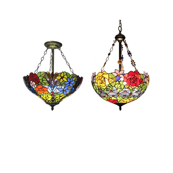 Pendentif multicolore avec une fleur / motif rose Tiffany Style Rustic Glass Plafond Pendant pour salle à manger