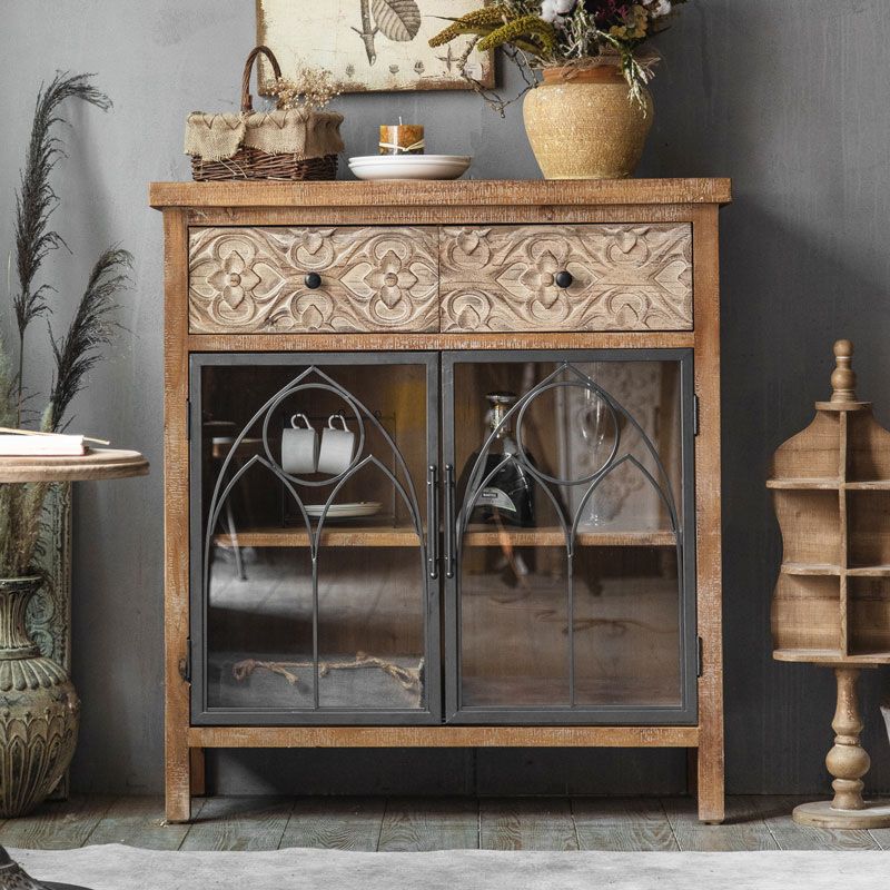 Traditional Display Stand Wood Glass Doors Storage Cabinet with Doors for Living Room