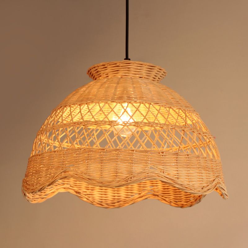 Bamboo Bowl Hollowed Out Hanging Light Asia 1 Bulb Beige Pendant Lighting with Scalloped Trim