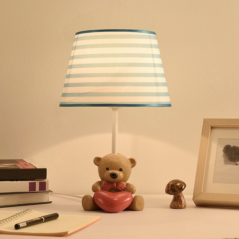 Fabric Empire Shade Table Lamp Cartoon 1��Head Brown Nightstand Light with Resin Bear and Heart