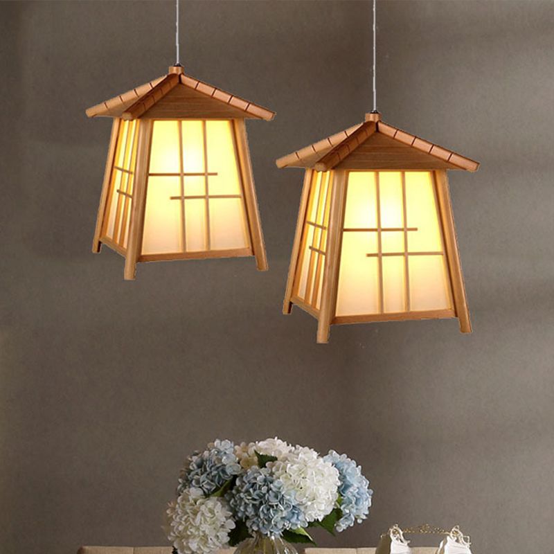 Bamboo House Hanging Lamp Chinese 1 Head Ceiling Pendant Light in Wood for Tearoom