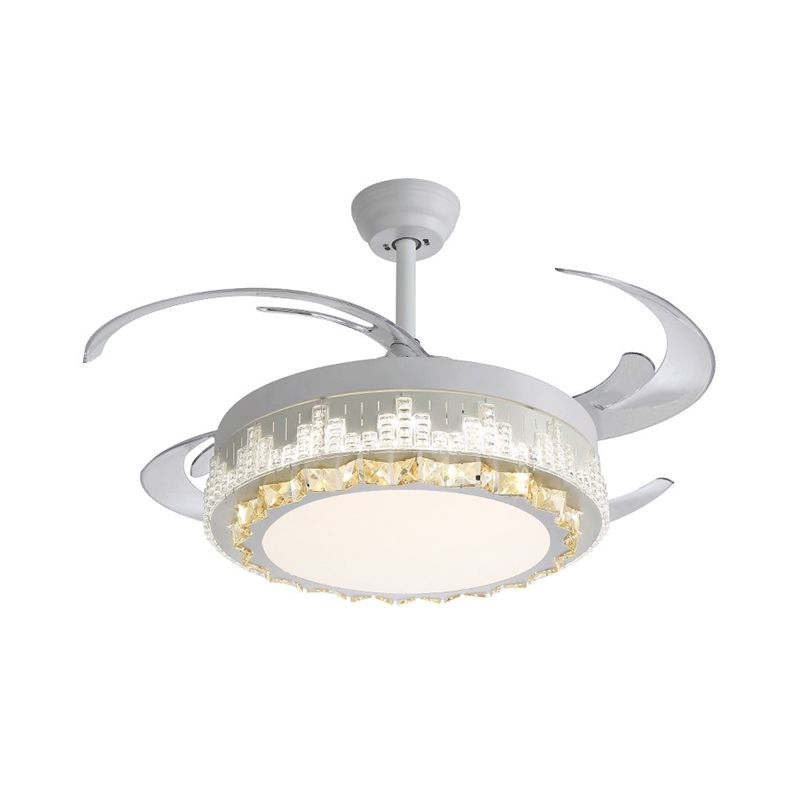 4 Blades LED Pendant Fan Lamp Contemporary Circular Clear Crystal Blocks Semi Flush Mount, 19" Width