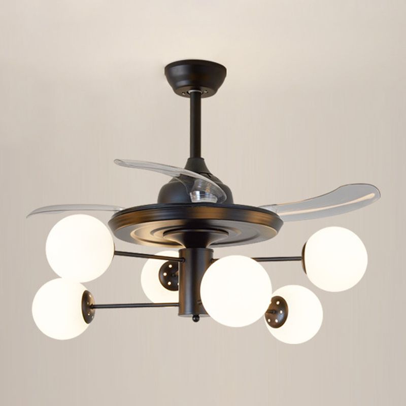 Black Tiered Semi Mount Lighting Rural 6 Bulbs Opal Ball Glass Ceiling Fan with 3 Clear Blades, 29.5" Wide