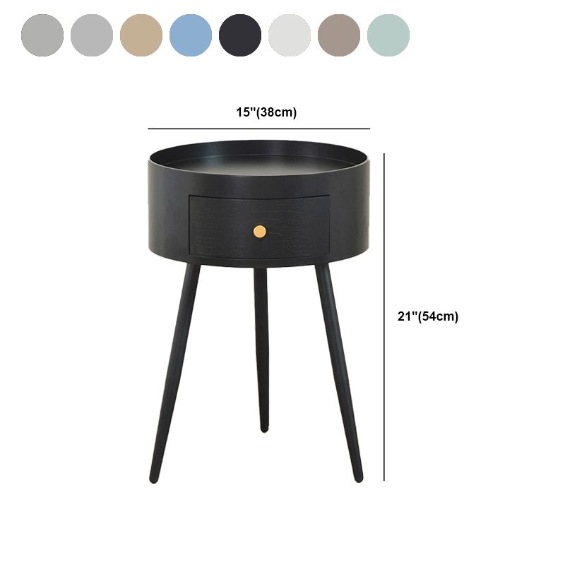 Contemporary Round Night Table with Drawer Metal Tripod  Nightstand