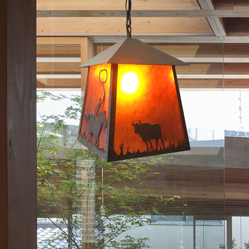 Land trapezoid hangend plafondlicht 1 licht metalen hanglampverlichting in roest met dierenpatroon