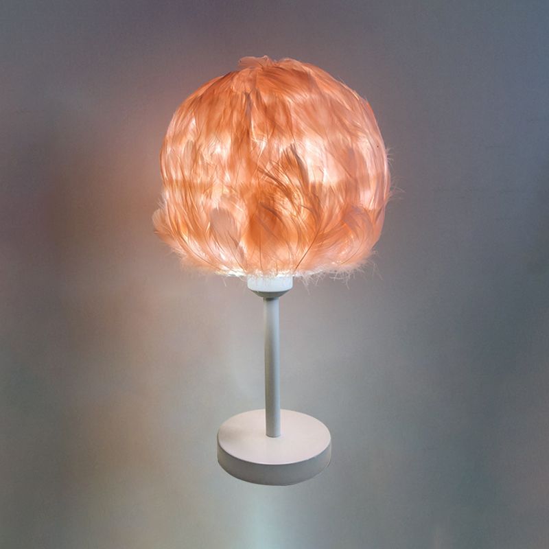 Handmade Sphere Feather Table Light Nordic Style 1-Light White/Pink/Rose Red Nightstand Lamp with Plug-in Cord