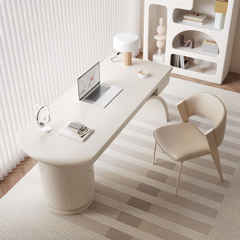 Irregular Shape Contemporary Office Desk Wooden Task Desk with 2 Drawers in White