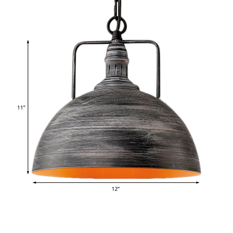 Aged Silver Domed Pendant Lamp Industrial Metal 1 Light Dining Table Hanging Light, 12"/16" Width